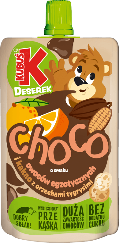 KUBUŚ pouch 100g o smaku owoc&oacute;w egzotycznych i kakao z orzechami tygrysimi