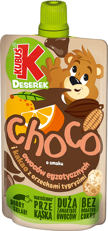 KUBUŚ pouch 100g o smaku owoc&oacute;w egzotycznych i kakao z orzechami tygrysimi (2)